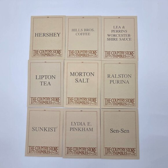 Country Store Advertising Thimbles Set of 25 and Info Cards W/ Wood Display Rack - Picture 16 of 16